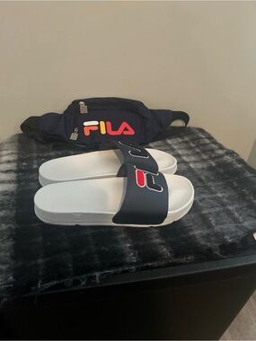 FILA Navy, White & Red Logo Slide Sandals with Navy Logo Waist Bag